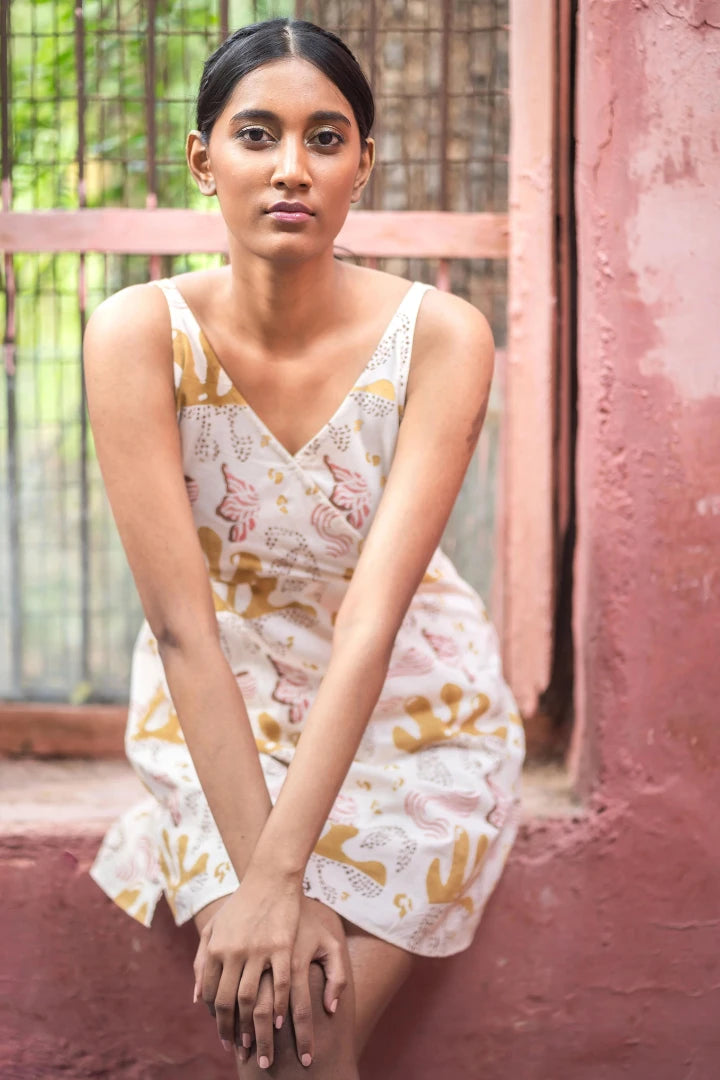 Ilamra sustainable clothing organic cotton off-white and yellow with hints of pink and brown hand block printed dress