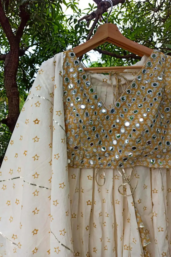 Ilamra sustainable clothing organic cotton Off-white, Warm yellow hand block printed blouse, dupatta and lehenga set
