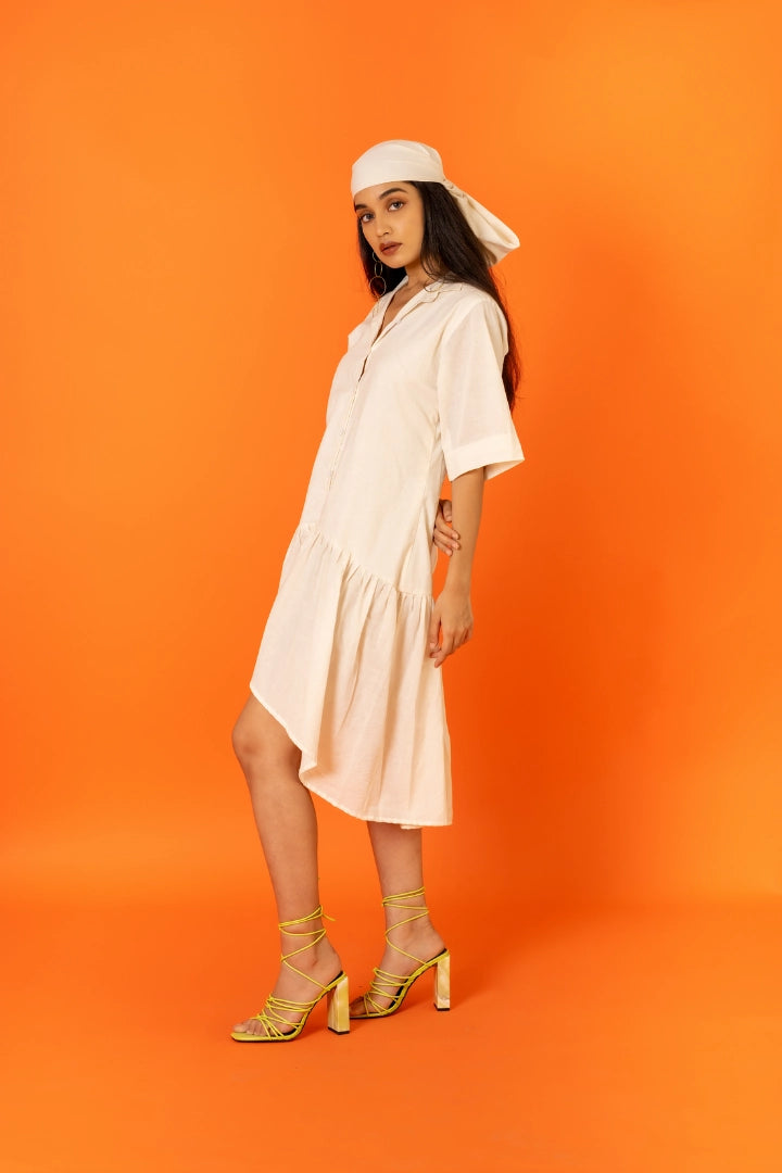 ilamra printed naturally dyed organic cotton off-white asymmetrical dress