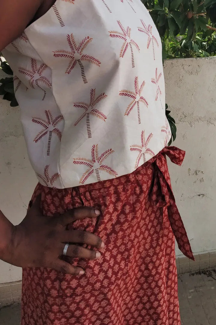 Ilamra kalamkari craft hand block printed organic cotton ﻿Madder Red and Beige cool and sexy culottes
