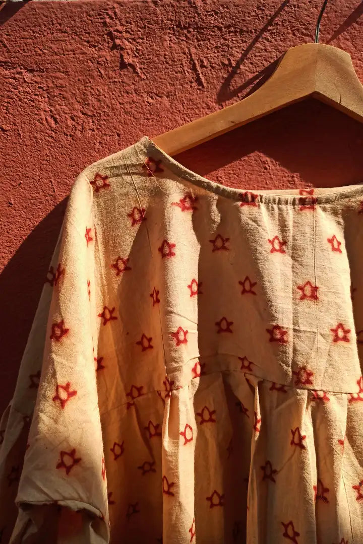 Ilamra sustainable clothing organic cotton beige and red hand block printed tent top