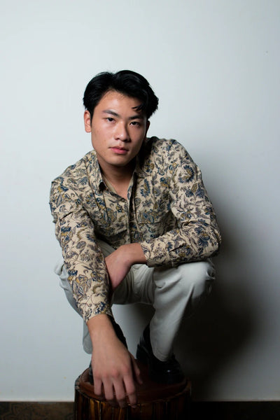 ilamra men's hand block printed naturally dyed organic cotton indigo, yellow and brown shirt