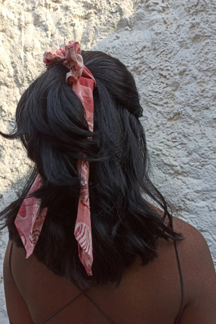 Ilamra sustainable clothing organic cotton Pink and Red hand block printed scrunchie