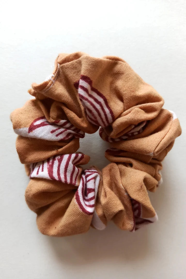 Ilamra hand block printed sustainably made naturally dyed Fresh green, Brown, Mustard Yellow and Madder Red scrunchie bundle
