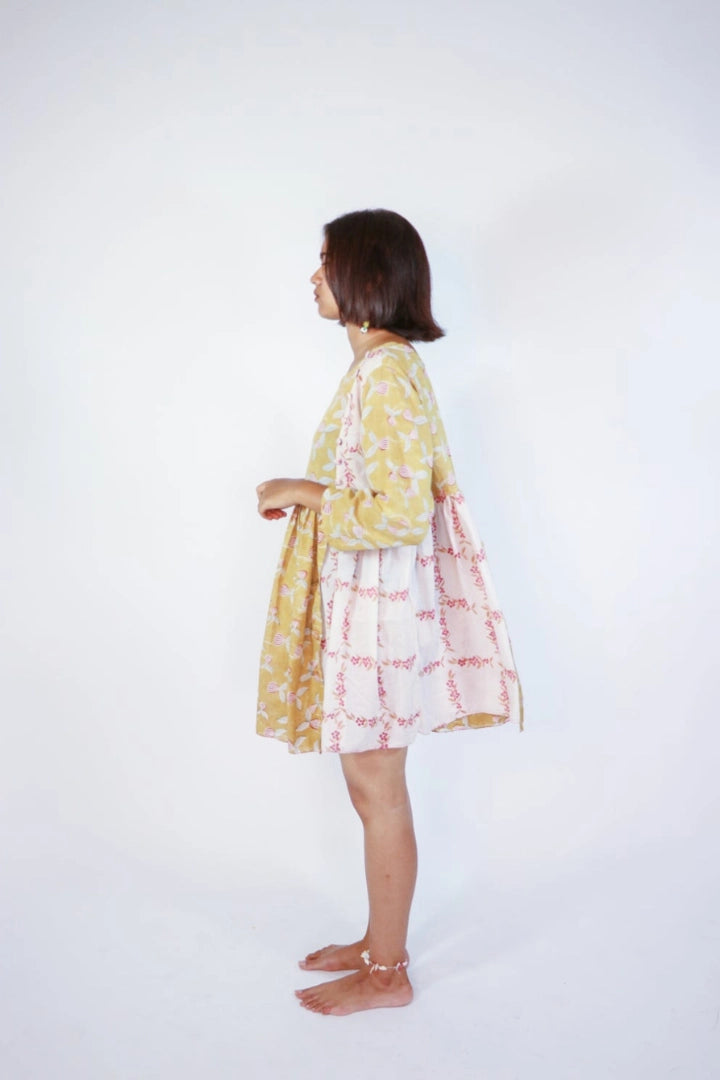Ilamra sustainable clothing organic cotton Mustard Yellow, off-white, blush pink and hints of green hand block printed tent dress