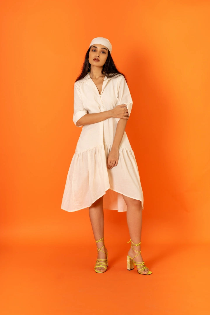 ilamra printed naturally dyed organic cotton off-white asymmetrical dress