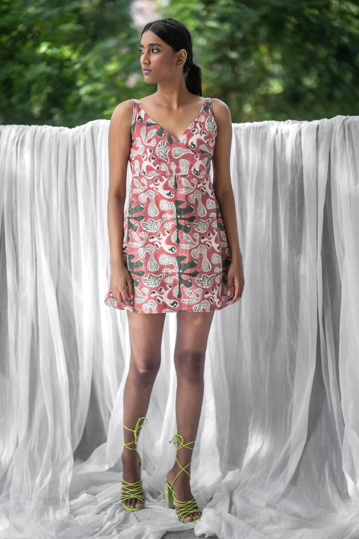 Ilamra sustainable clothing organic cotton white, pink and green hand block printed dress