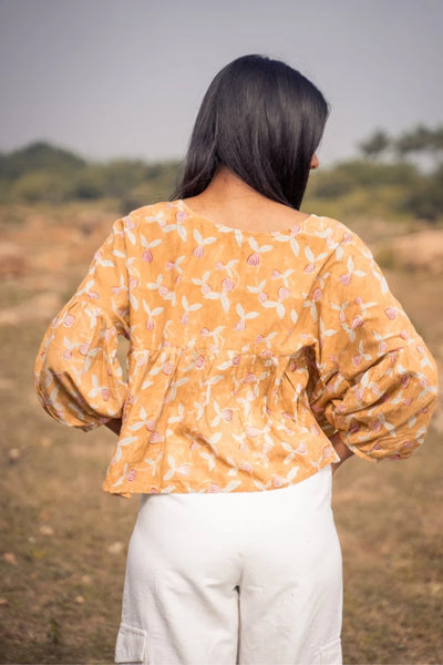 Ilamra kalamkari craft hand block printed organic cotton Mustard yellow, madder red and hints of green tent top