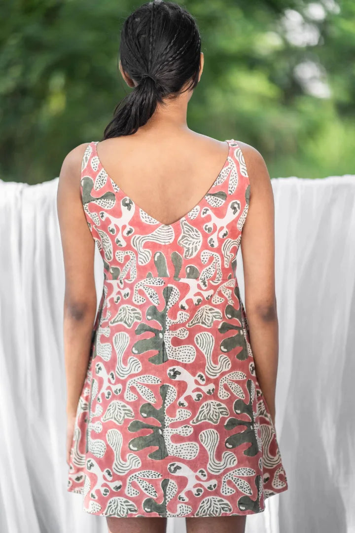 Ilamra sustainable clothing organic cotton white, pink and green hand block printed dress