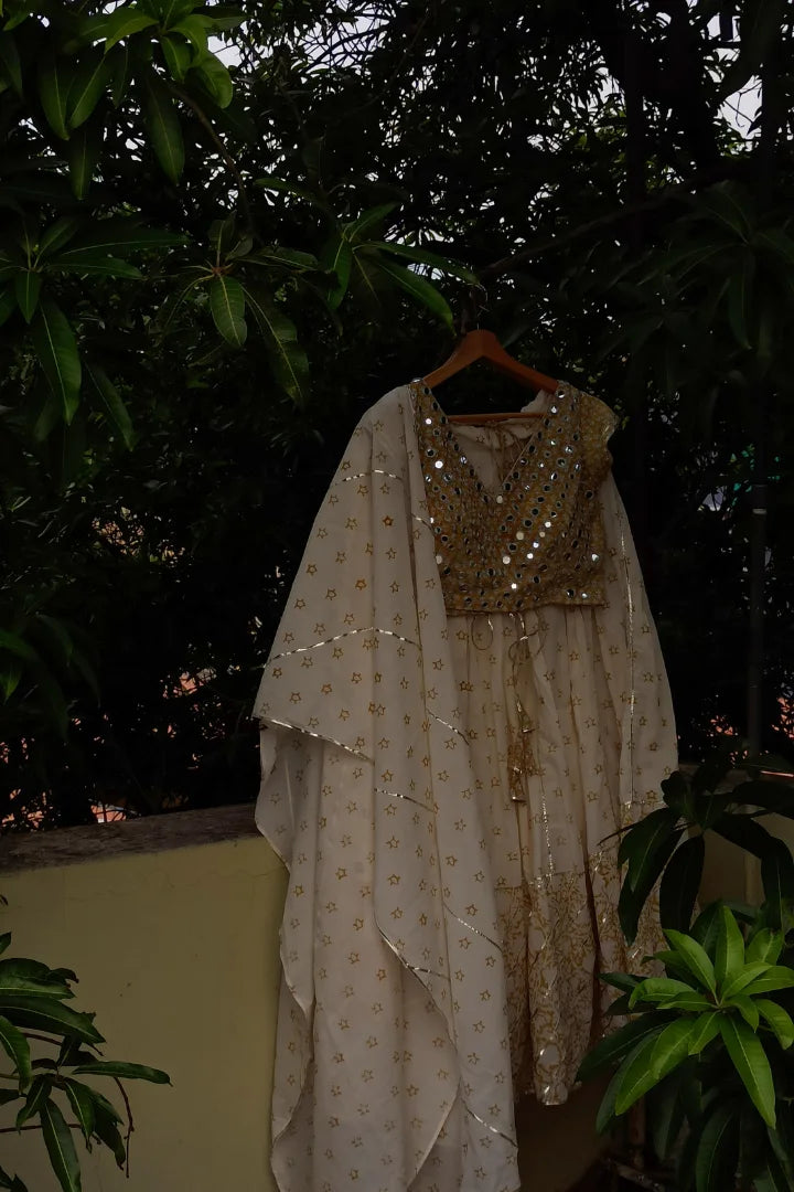 Ilamra sustainable clothing organic cotton Off-white, Warm yellow hand block printed blouse, dupatta and lehenga set