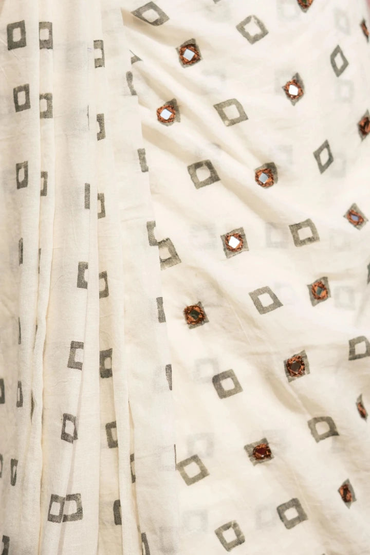 Ilamra kalamkari craft hand block printed organic cotton Pebble white saree with Madder red, black and mustard yellow detailing saree