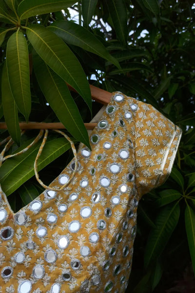 Ilamra sustainable clothing organic cotton Off-white, Warm yellow hand block printed blouse, dupatta and lehenga set