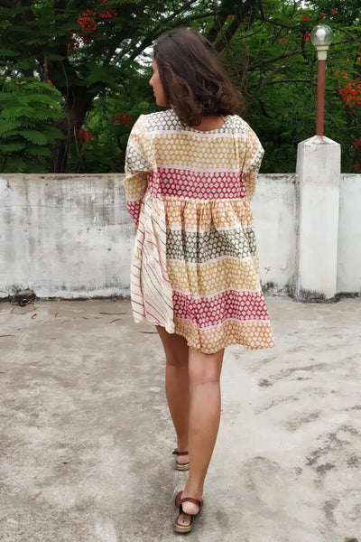 ilamra hand block printed naturally dyed organic cotton Orange, blush pink and dirty green comfortable tent dress