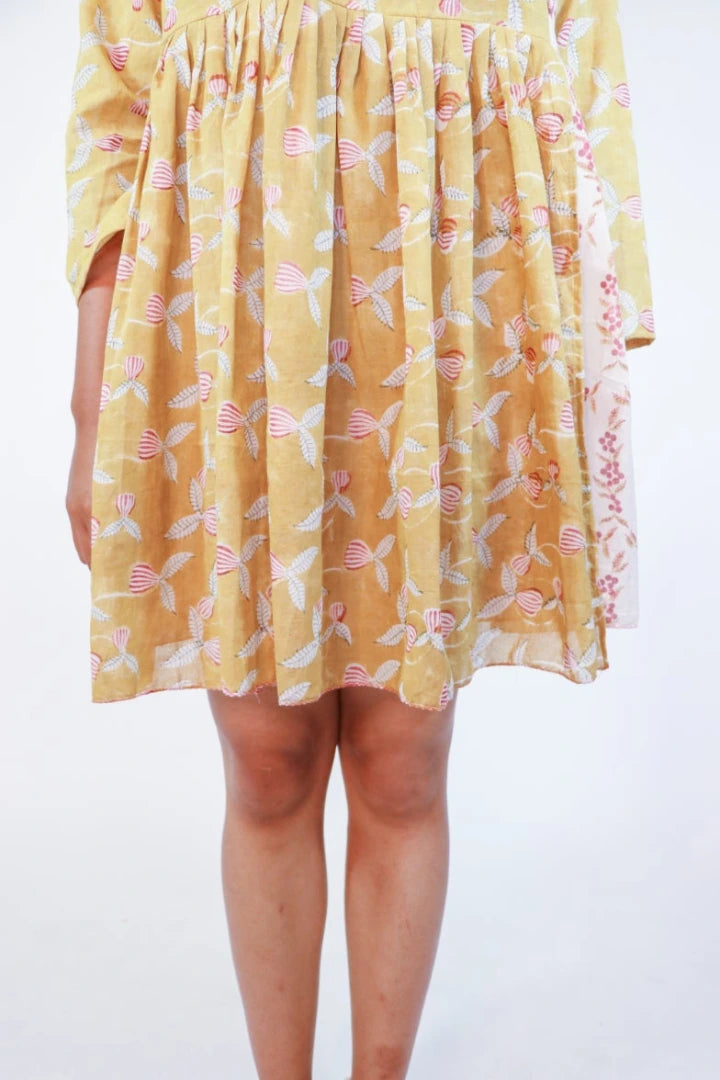 Ilamra sustainable clothing organic cotton Mustard Yellow, off-white, blush pink and hints of green hand block printed tent dress