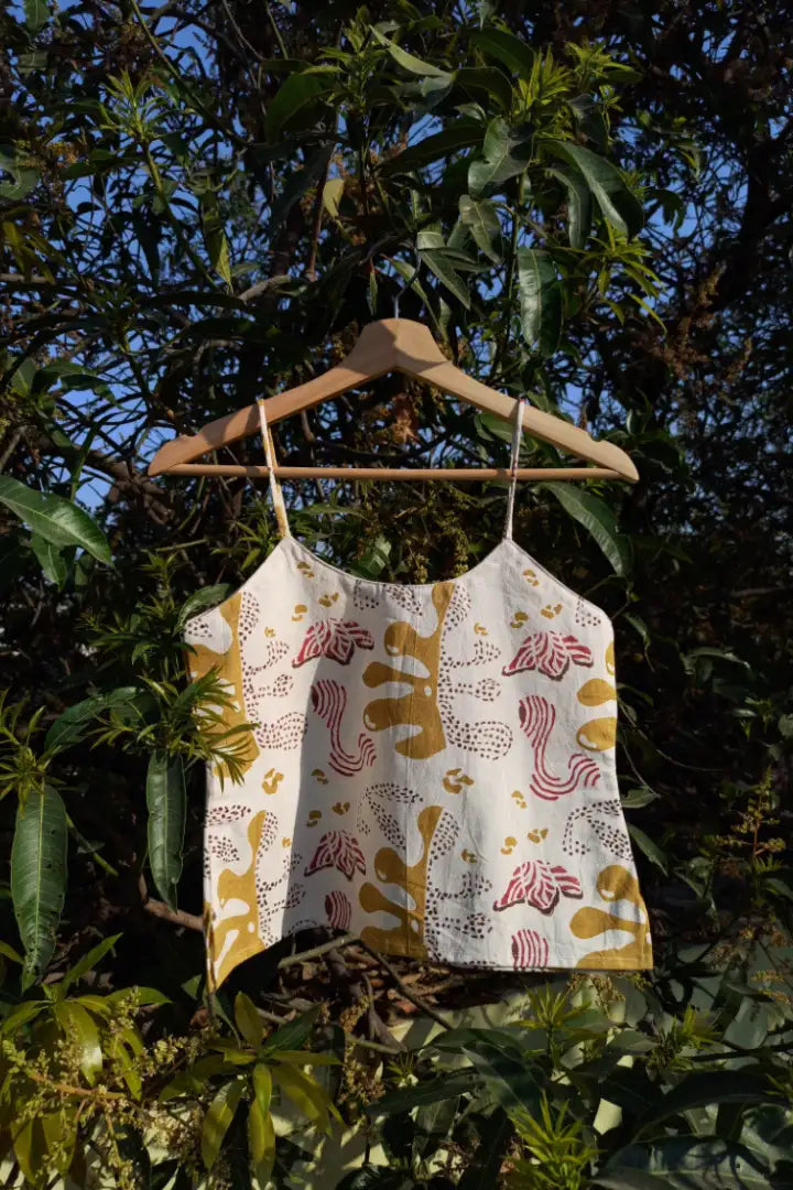 Ilamra sustainable clothing organic cotton Off White, Yellow, Pink and Brown hand block printed crop top