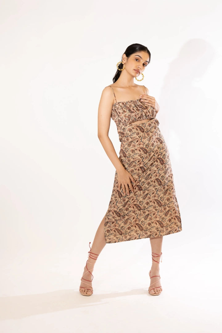 Ilamra hand block printed sustainably made naturally dyed Beige with hints of indigo, madder red and blush pink cut-out dress