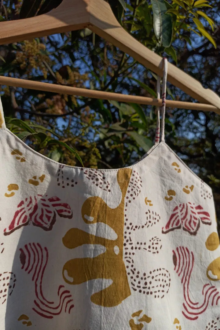 Ilamra sustainable clothing organic cotton Off White, Yellow, Pink and Brown hand block printed crop top