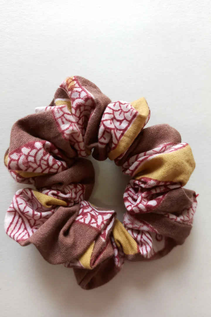 Ilamra hand block printed sustainably made naturally dyed Fresh green, Brown, Mustard Yellow and Madder Red Upcycled Cotton scrunchie bundle