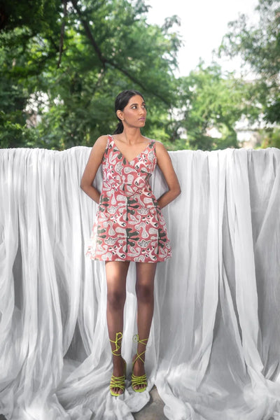 Ilamra sustainable clothing organic cotton white, pink and green hand block printed dress