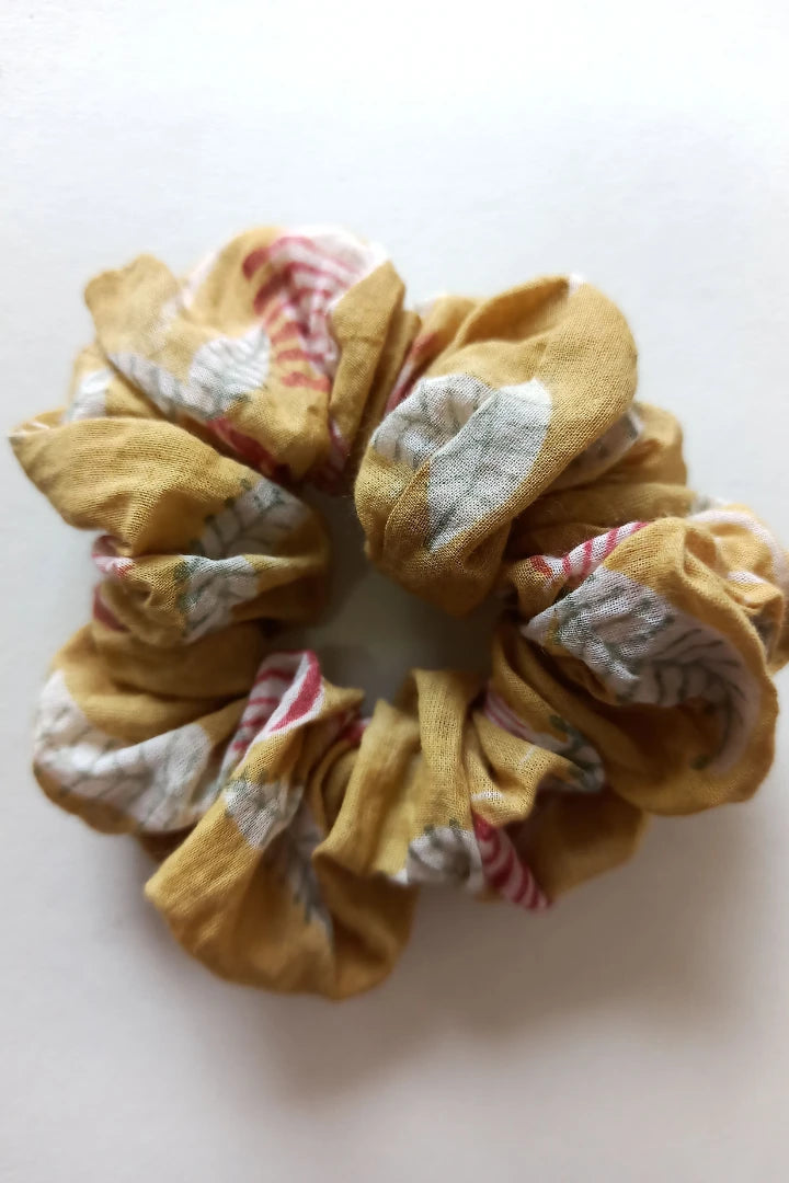 Ilamra hand block printed sustainably made naturally dyed Fresh green, Brown, Mustard Yellow and Madder Red Upcycled Cotton scrunchie bundle