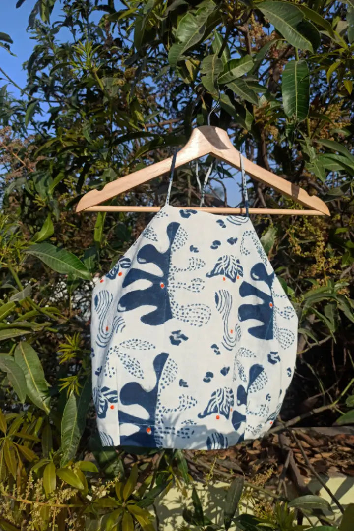 Ilamra sustainable clothing organic cotton indigo and white hand block printed halter top