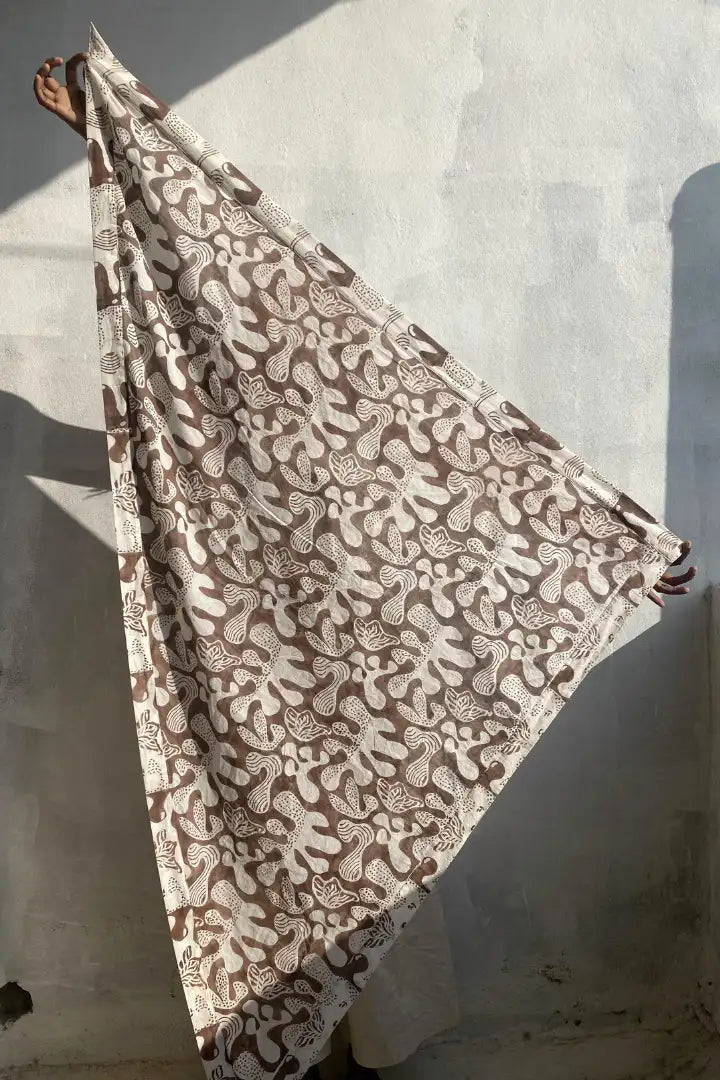 Ilamra hand block printed Kalamkari art organic cotton naturally dyed in Off white and brown, cool, upcycled cotton scarf