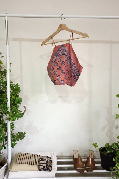 Ilamra sustainable clothing organic cotton Pink and Indigo hand block printed cool halter top