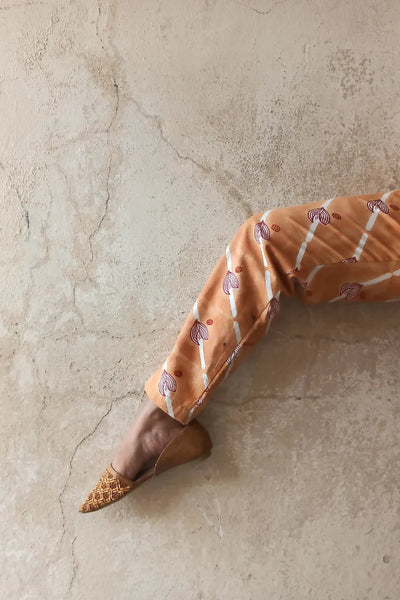 ilamra hand block printed naturally dyed organic cotton Orange, Madder Red, and Off-White quirky and fun pants