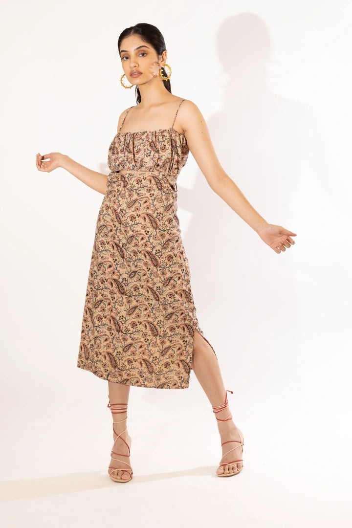 Ilamra hand block printed sustainably made naturally dyed Beige with hints of indigo, madder red and blush pink cut-out dress