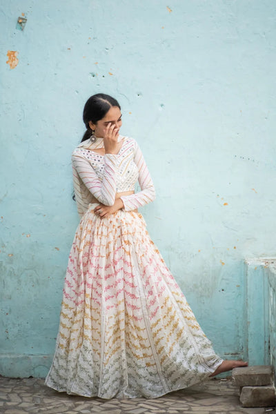 Ilamra sustainable clothing organic cotton Off-White, Blush Pink, Orange, Light Green, Dirty Green and hints of Silverish Gold hand block printed blouse, dupatta and lehenga set