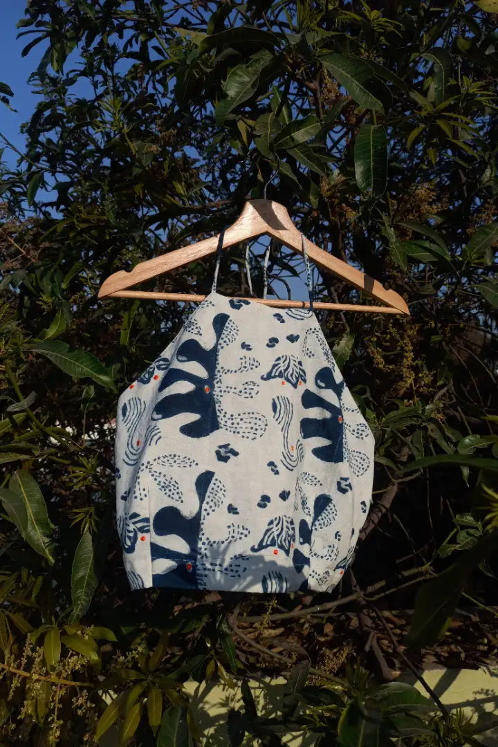 Ilamra sustainable clothing organic cotton indigo and white hand block printed halter top