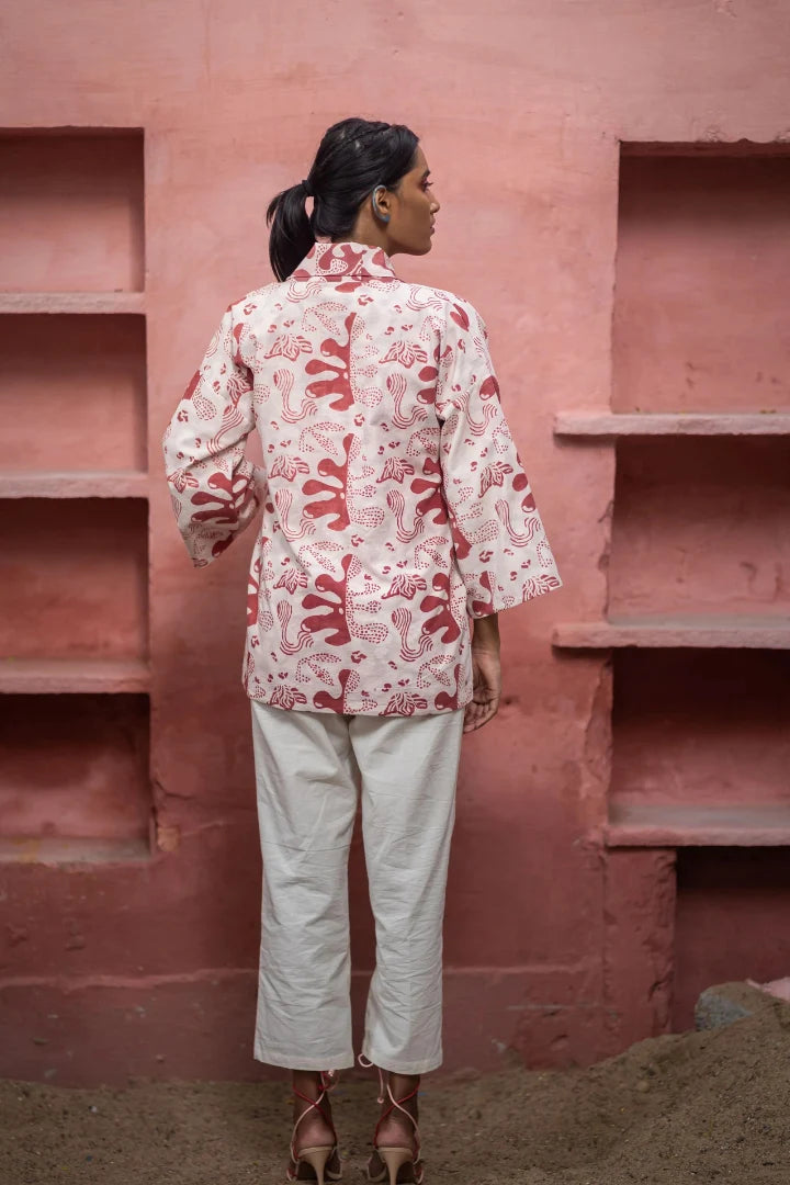 Ilamra hand block printed organic cotton naturally dyed white and red kimono