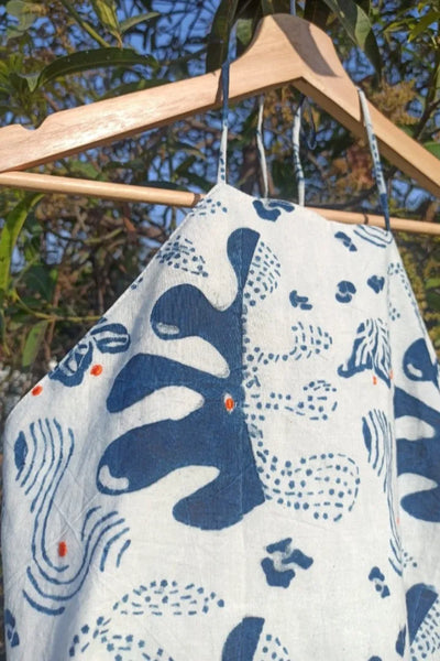 Ilamra sustainable clothing organic cotton indigo and white hand block printed halter top