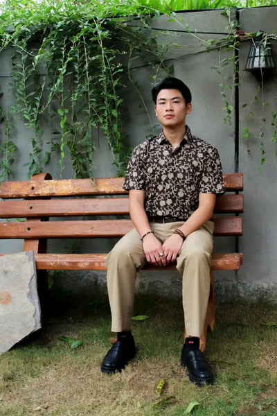 ilamra men's hand block printed naturally dyed organic cotton black and beige shirt