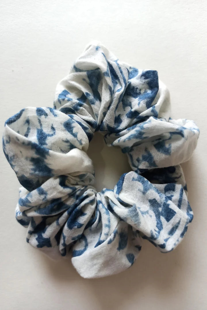 Ilamra hand block printed sustainably made naturally dyed Off-white and Indigo Upcycled Cotton Mul scrunchie bundle