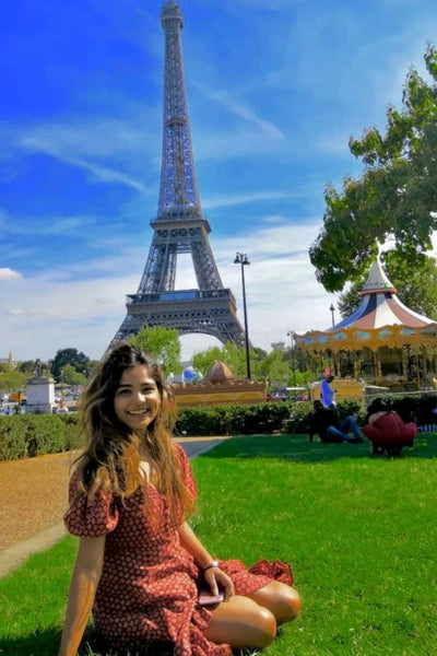 Ilamra sustainable clothing organic cotton madder red and beige hand block printed European, sexy and feminine dress