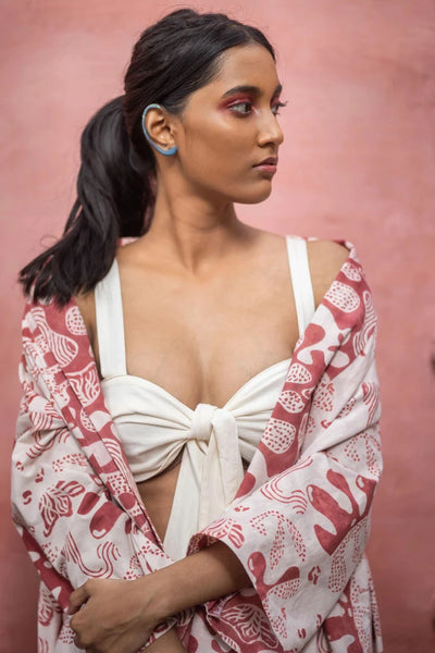 Ilamra hand block printed organic cotton naturally dyed white and red kimono