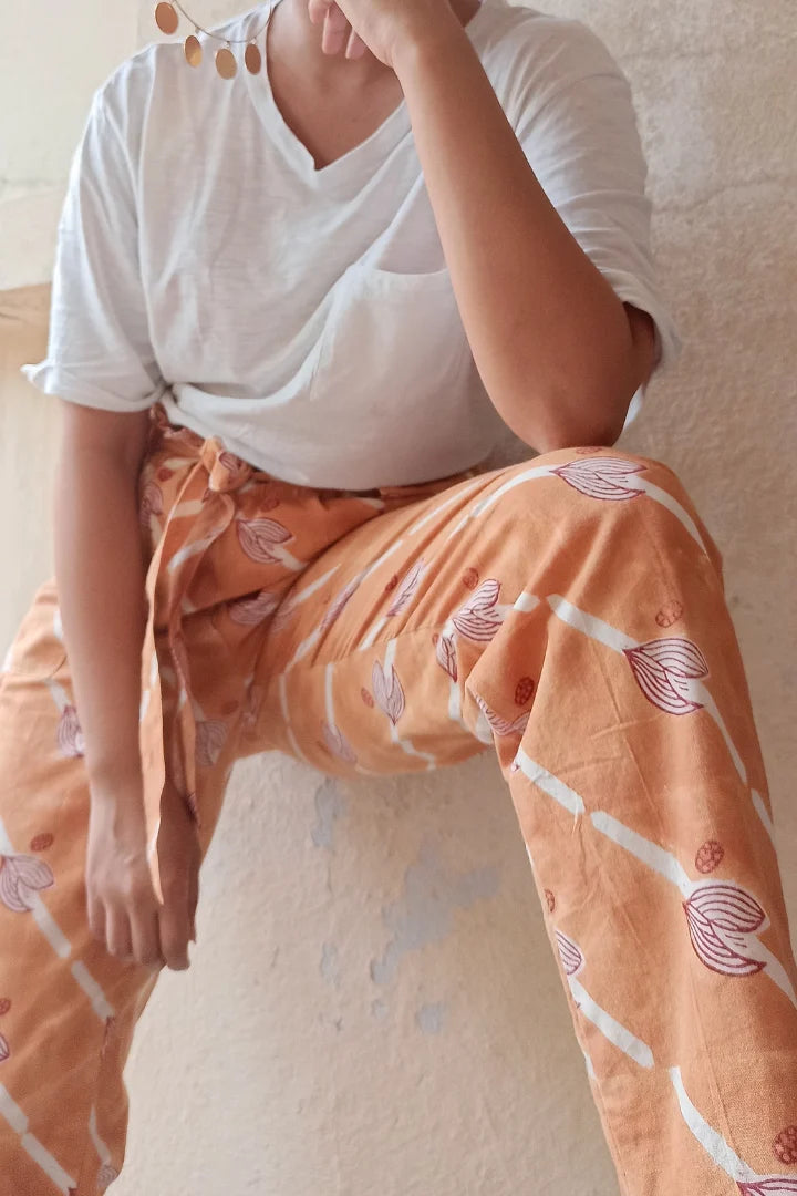 ilamra hand block printed naturally dyed organic cotton Orange, Madder Red, and Off-White quirky and fun pants