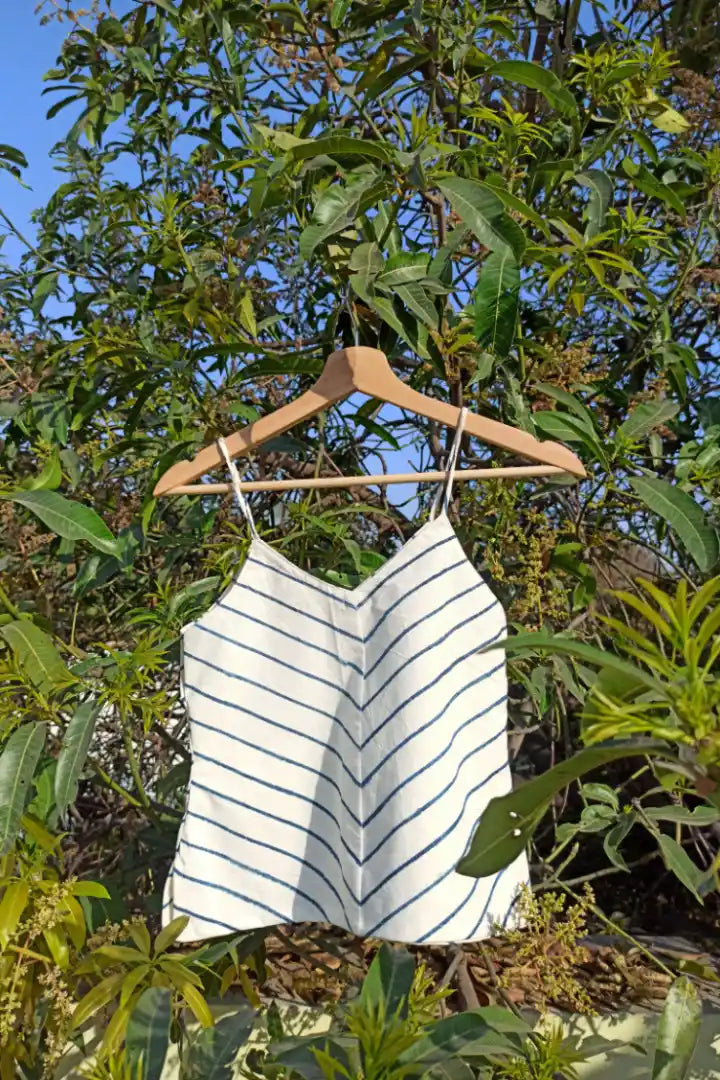 Ilamra sustainable clothing organic cotton indigo and white hand block printed crop top