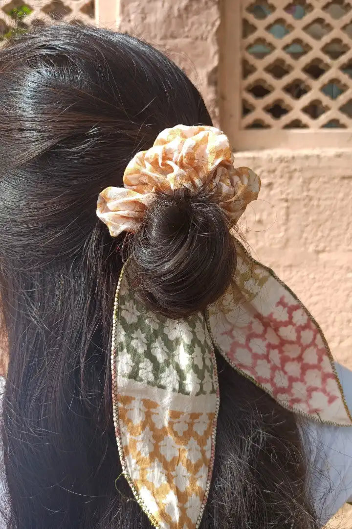 Ilamra hand block printed sustainably made naturally dyed Orange, blush pink, dirty green and light green Upcycled Cotton Mul scrunchie