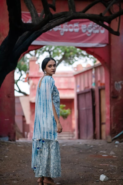 Ilamra sustainable clothing organic cotton Off-White, indigo and hints of silver hand block printed sharara