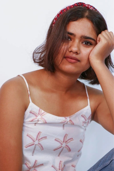 ilamra hand block printed naturally dyed organic cotton Off-white, madder red, orange and brown crop top