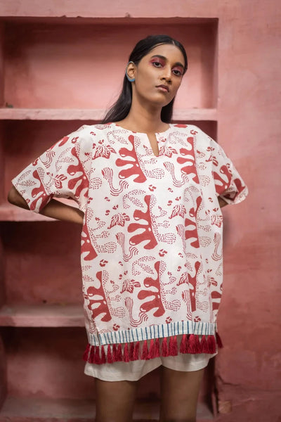 Ilamra hand block printed organic cotton naturally dyed white and red top