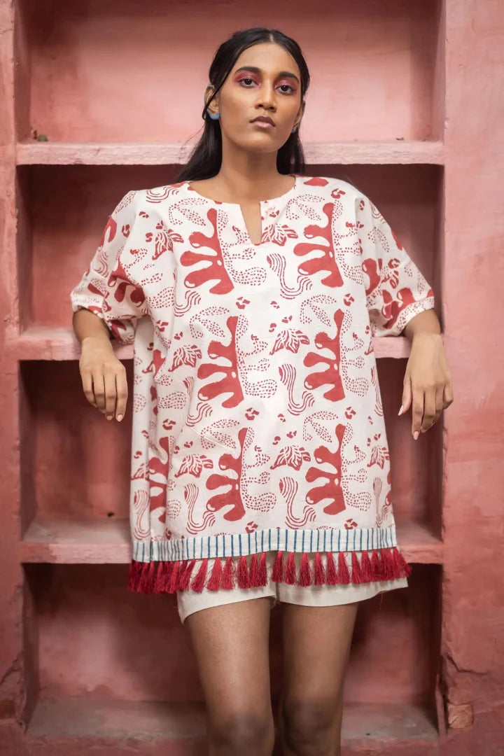 Ilamra hand block printed organic cotton naturally dyed white and red top