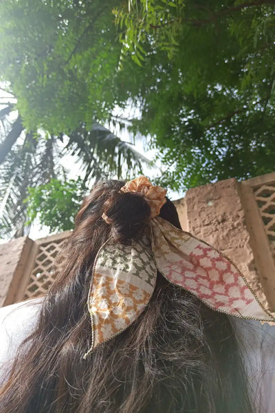 Ilamra hand block printed sustainably made naturally dyed Orange, blush pink, dirty green and light green Upcycled Cotton Mul scrunchie