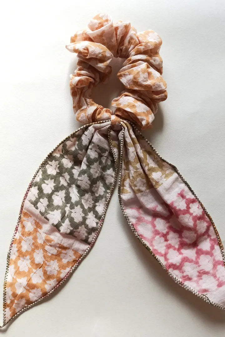 Ilamra hand block printed sustainably made naturally dyed Orange, blush pink, dirty green and light green Upcycled Cotton Mul scrunchie