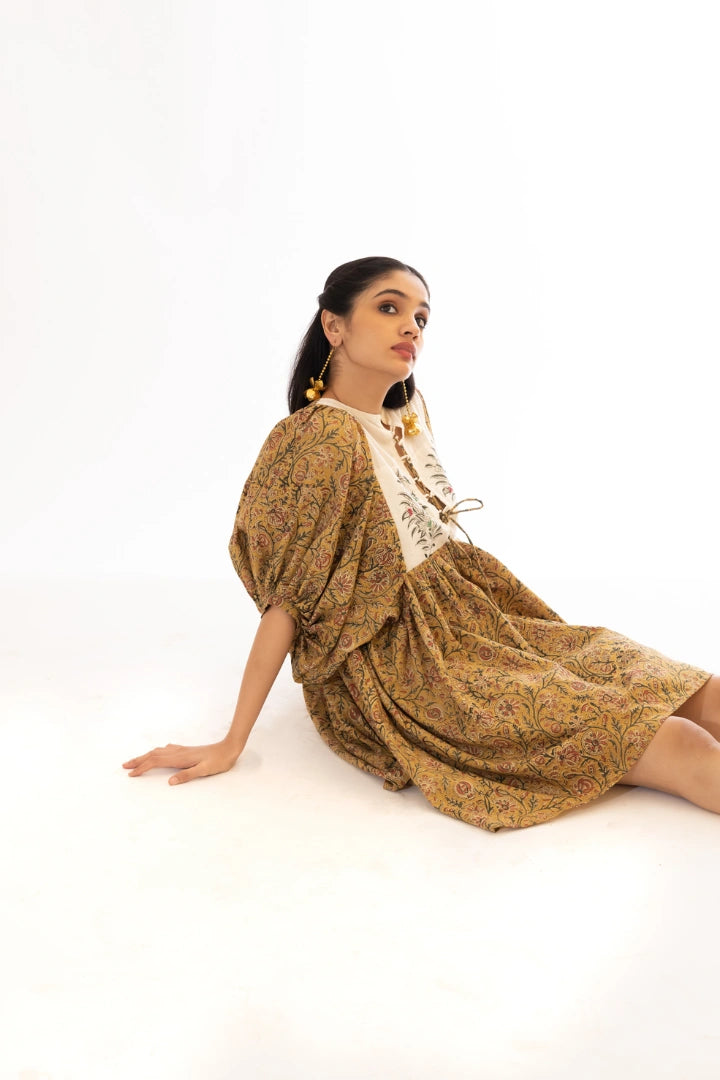 Ilamra hand block printed organic cotton naturally dyed Mustard yellow with hints of madder red and dirty green knee-length dress