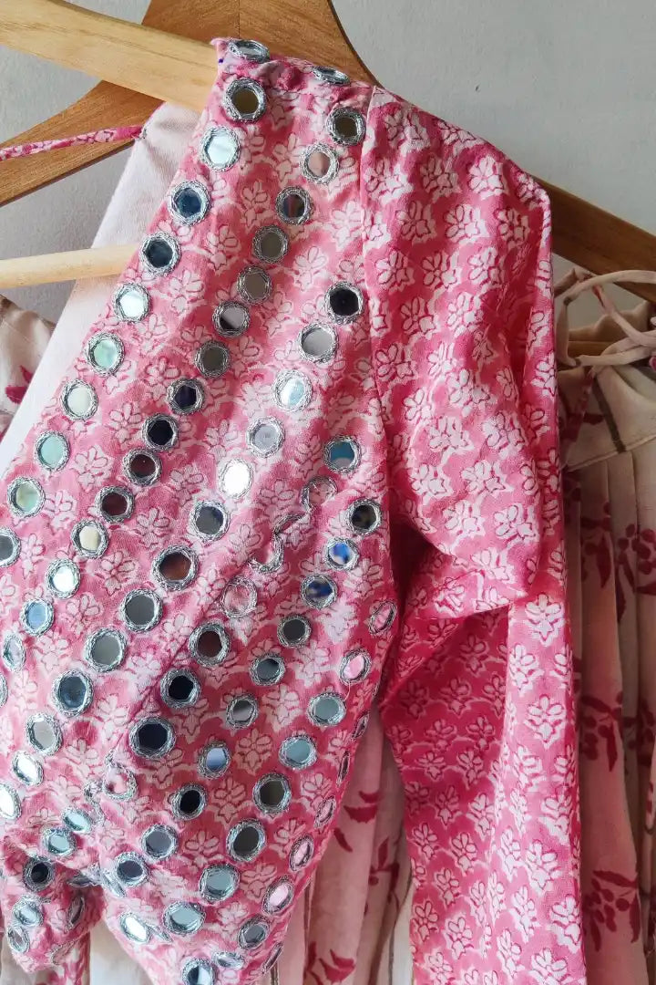 Ilamra sustainable clothing organic cotton Off-White and Pink hand block printed blouse, dupatta and lehenga set