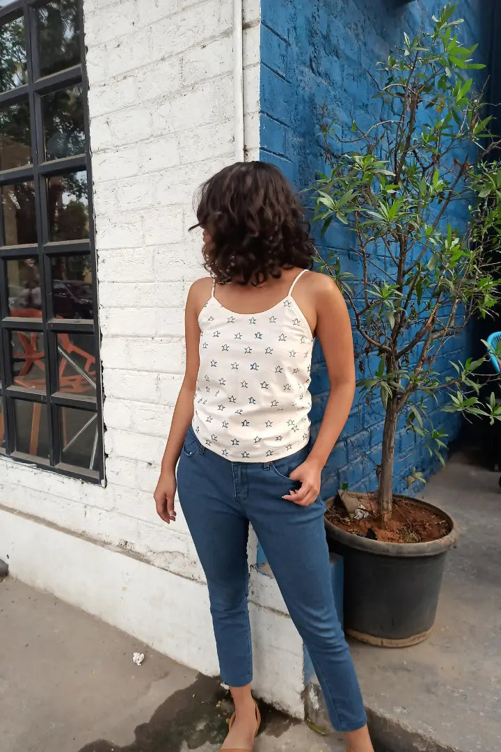 Ilamra hand block printed sustainably made naturally dyed Indigo and off-white chic and sexy crop top