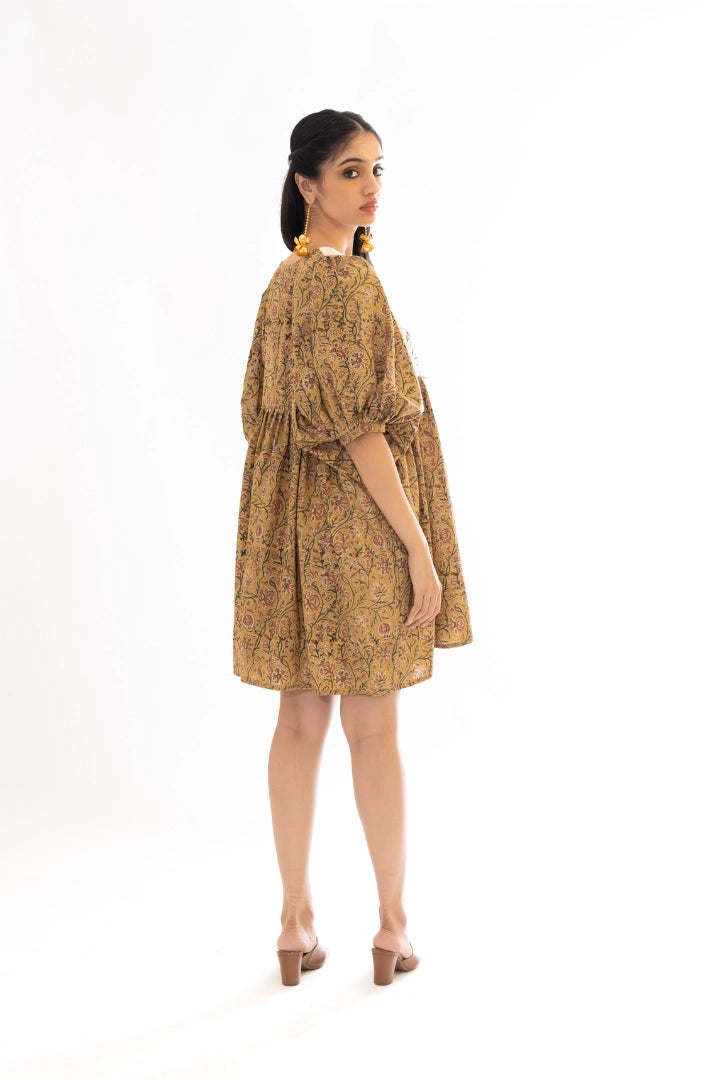 Ilamra hand block printed organic cotton naturally dyed Mustard yellow with hints of madder red and dirty green knee-length dress
